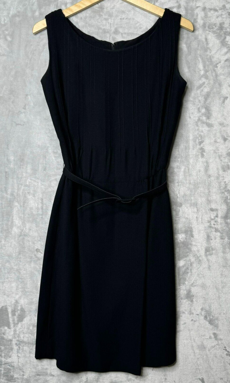 Vintage Claude Riviere Dress Small Extra Small Black Crepe Belted Sheath Pleated